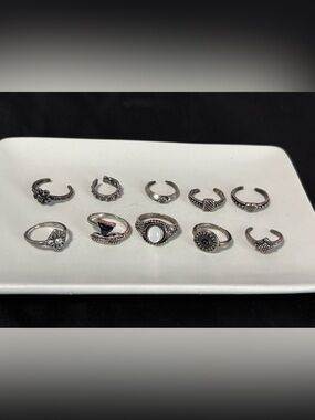 Bohemian Silver-Tone Stone Ring Set - White & Black Accents